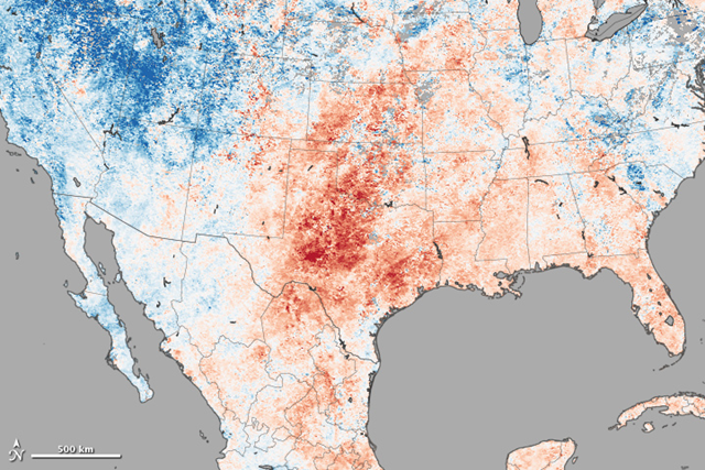 This image, made with data collected by the Moderate Resolution Imaging Spectroradiometer (MODIS) on NASA’s Terra satellite, reveals high temperatures that contributed to hazardous fire conditions. The image shows ground temperatures for April 7 to April 14 compared to long-term average for the week. The red tones indicate that most of Texas was much warmer than average, further drying out the abundant grasses, shrubs, and trees already suffering from a lack of rain. Image by Jesse Allen