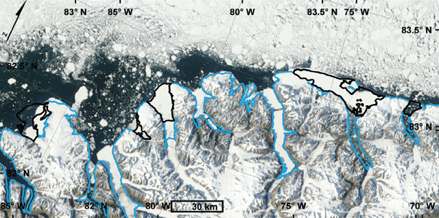 Ellesmere Island ice shelves at the end of August 2008. The 2007 ice shelf extent is outlined in black and coastline in blue. Left to Right: Serson, Petersen, Milne, and Ward Hunt. The unusually wide expanse of open water along the coast likely contributed to the 2008 break-up of three of these ice shelves. 29 August 2008 MODIS image from the Rapid Response System