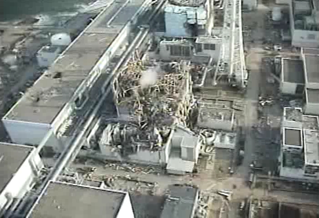 Demolished reactor building of Unit 3 at Fukushima Daiichi Nuclear Power Station, 10 April 2011. TEPCO