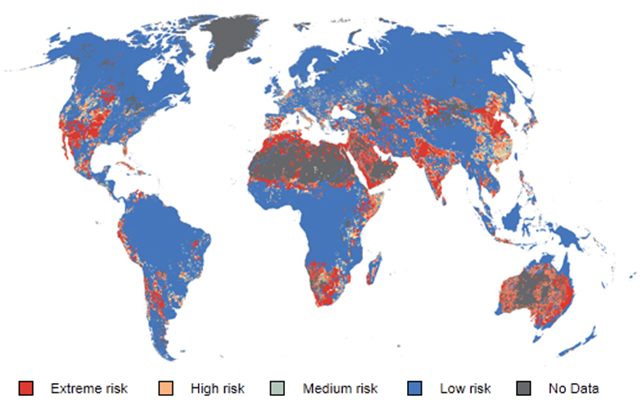 The sub-national map of the Water Stress Index 2011. Water stress is a major issue for the large emerging economies, including India (30) and South Korea (36), which are both categorised as ‘high risk’ countries in the index and China (56), rated ‘medium risk.’ Water shortages in these countries have the potential to constrain economic development and create social unrest if dwindling resources result in higher prices and limited access for their populations. Maplecroft