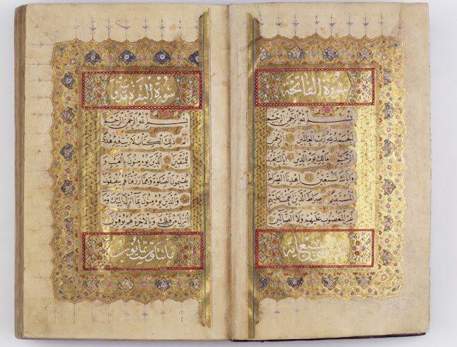 This opening spread of the Koran is illuminated in different tones of gold, with the headings and verse-counts in white and the text, in fine naskh, enhanced by thin interlinear ornament.