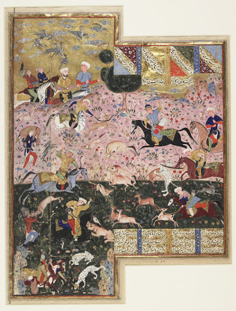 This painting represents an episode drawn from Nizami's "Haft Paykar" (The Seven Thrones), the fourth book of his "Khamsah" (Quintet). The great Sasanian king Bahram Gur (r. 430-38), famous for his hunting powers and thus nicknamed "wild ass" (Bahram Gur), astonishes his companions with his quasi-divine prowess at hunting onagers.