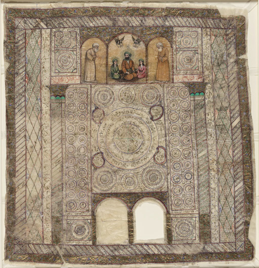 This large-scale illuminated calligraphic piece in square format appears to have been executed in Iran during the 19th century. It includes a number of details typical of Shi'i popular and devotional materials produced during the later part of the Qajar period (1785-1925). In all likelihood, it functioned as a talismanic object for an Iranian Shi'i patron.