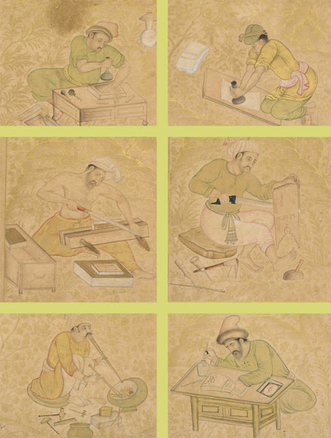 This page once formed part of an album assembled for Nur al-Din Jahangir (ruled 1605-1627), the fourth Mughal ruler of India. The borders, which depict artisans of a library at work, were painted at the beginning of the 17th century. Beginning at the upper-right and moving counterclockwise, the borders show a burnisher smoothing and polishing paper, a stamper creating designs in a leather cover, a sizer trimming the leaves of a manuscript, a woodworker sawing a bookstand, a gilder preparing gold leaf, and a calligrapher writing.