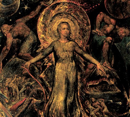 William Blake 1757-1827. Detail from The Spiritual Form of Pitt Guiding Behemoth 1805. Tempera heightened with gold on canvas