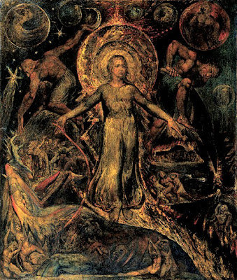 William Blake 1757-1827. The Spiritual Form of Pitt Guiding Behemoth 1805. Tempera heightened with gold on canvas