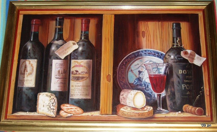 Highly detailed beautiful oil painting of a still life study of fine French and German Wines,with a selection of cheeses, crackers and a glass of red wine sitting ,--all waiting for the owner to come and enjoy.  ,This would be very handsome hanging in a Kitchen, Den, Bar or living room area.  Painting is signed by the artist.  Size:  20\