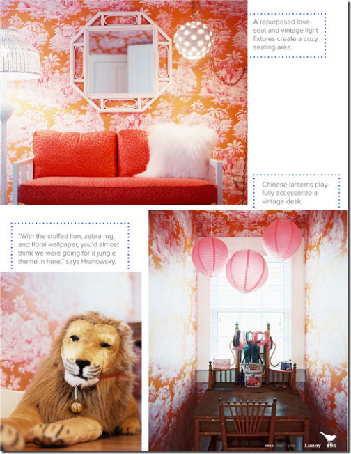 pink orange wallpapered girls bedroom