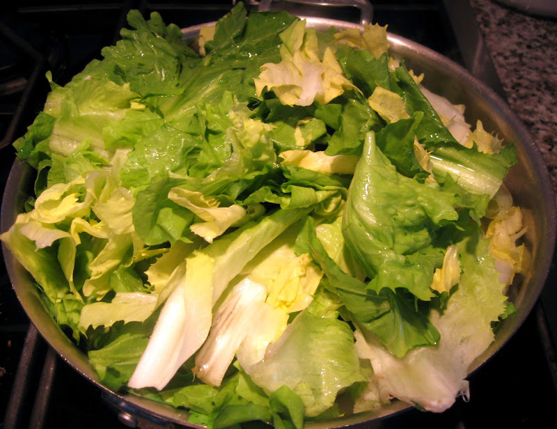 Washed escarole ready for the pan. Escarole should be washed 2-3 times before cooking as there is usually a good amount of dirt contained in the vegetable