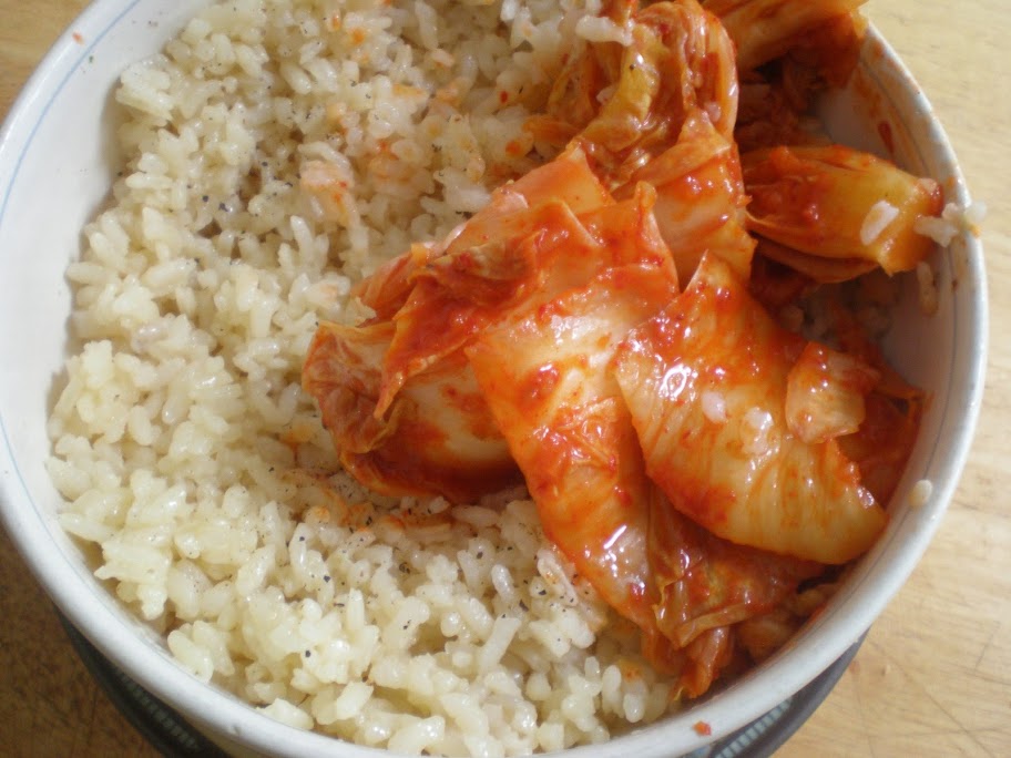That's H-Mart kimchi on leftover risotto. Surprisingly delicious.
