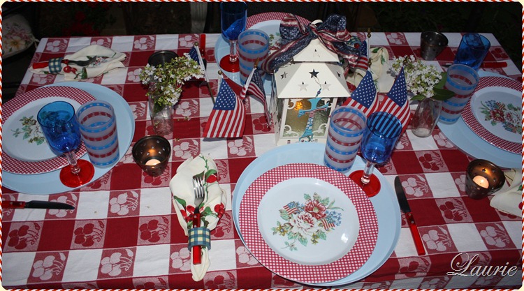 Patriotic table withbred white blue and cherries