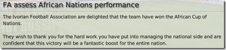 Reaction of Ivory Coast FA on winning African Nations Cup, FM09