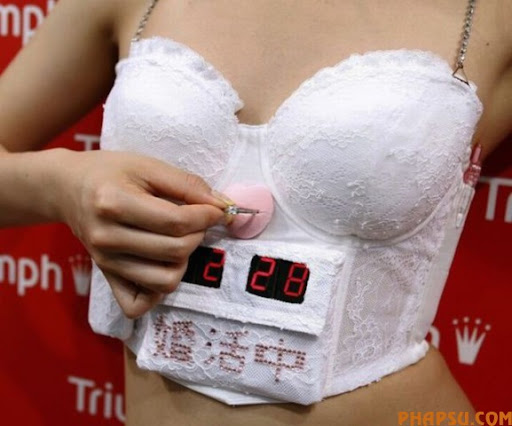 A model displays lingerie maker Triumph International's new "Konkatsu Bra", literally meaning "marriage hunting" bra, during an unveiling in Tokyo May 13, 2009. The bra features a marriage countdown clock showing the marriage deadline set by the wearer and when an engagement ring is inserted between the cups the melody of "The Wedding March" is played to celebrate the engagement. The characters on the bra read, "now hunting for a husband". 
 REUTERS/Yuriko Nakao (JAPAN SOCIETY FASHION)