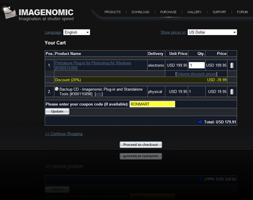 Imagenomic Shopping Cart with Discount Applied