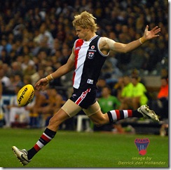 St Kilda player Nick Riewoldt heads deep into attack with a long kick. West Coast defeated St Kilda at Telstra Dome, AFL Round 21, 24 August 2007. Image: Derrick den Hollander