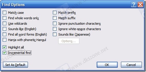 Word 2010 search options menu