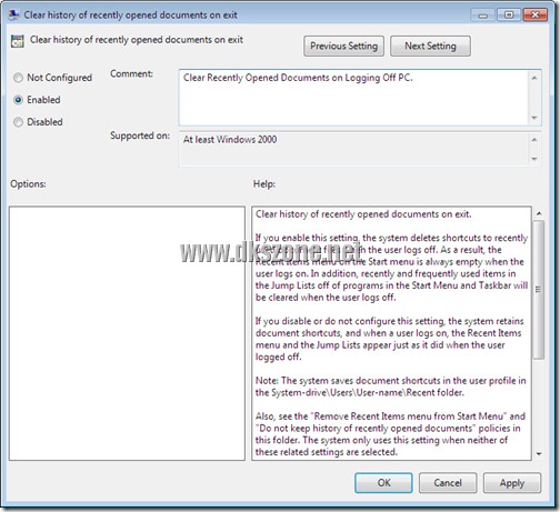 How to Clear Recent Documents in Start Menu/Taskbar Upon Exit in Windows 7?