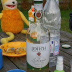 Abendbrot. Sie sehen ein Ensemble aus gutem Schraubverschluss-Wein (in Norwegen sicher 1000 oder mehr wert), Freund Erich und dem guten Anti-Brumm, das Muecken-Vergræmer-Mittel No.1