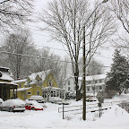 Colorful homes stand out against the white and snowy landscape