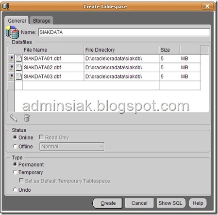 tablespace siakdata siak siakdb