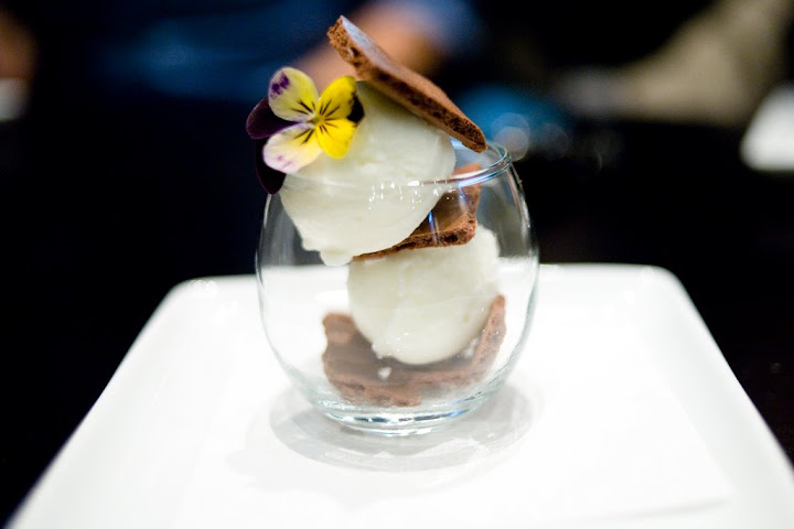 Dehydrated chocolate mousse & mint milk sorbet side view Dehydrated chocolate mousse & mint milk sorbet side view