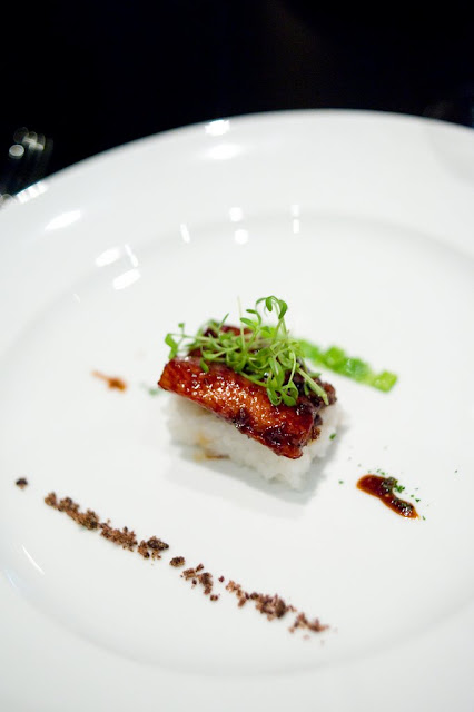 BBQ Silver Lake Eel, Sushi Rice, Confit Leek and Licorice Powder BBQ Silver Lake Eel, Sushi Rice, Confit Leek and Licorice Powder
