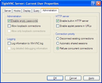 TightVNC Server: Current User Properties > Administration