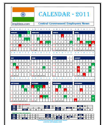 2011 Calendar A4. 2011 Calendar for CG Offices