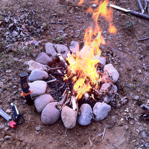 Hiking I have a little fire ring out back of my house and when I get free time like will go back and build a little fire to relax next to. On this particular occasion I was testing out my Gerber Bear Grylls knife. I processed a decent amount of wood. It did pretty well.