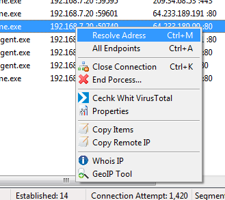 TCPEye gives you a variety of options like resolve address, scan for virus, end unwanted process and more