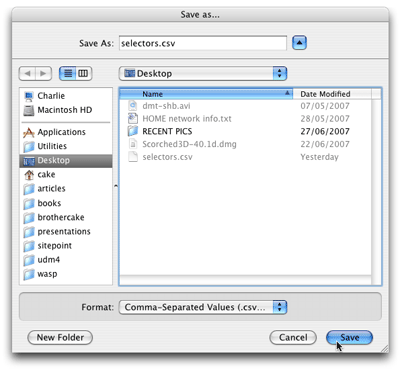 dust-me selectors save it as csv