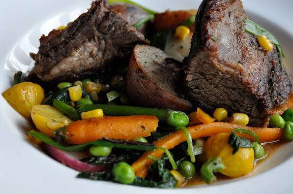 beer braised short ribs with beautiful fresh local veg.