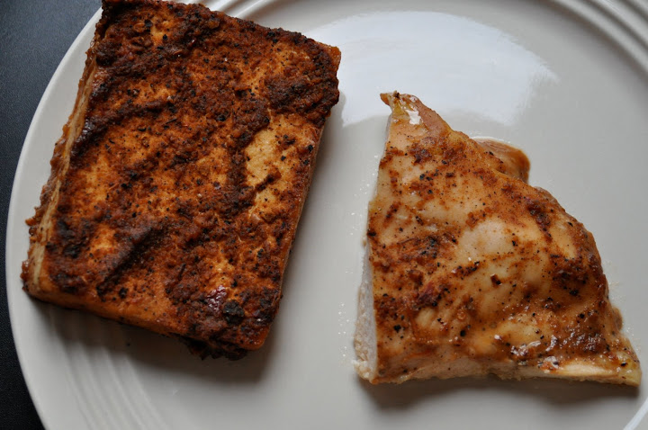 tofu and chicken, on the same plate for one time only.