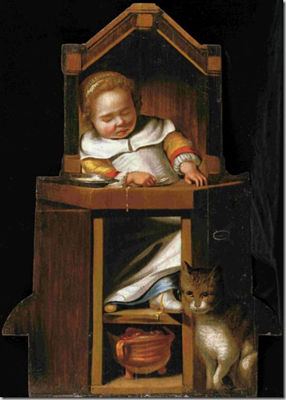 Johannes Cornelisz Verspronck -Haarlem 16003-1662- Bambino addormentato nel seggiolone 1654- dipinto su tavola sagomata Collezione privata