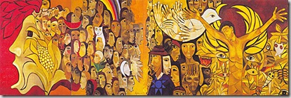 Mural Grito de los Excluidos Cotacachi. 80 m cuadrados. Cerámica policromada. 2001.