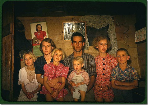 Jack Whinery, homesteader, and his family. Pie Town, New Mexico, October 1940. Reproduction from color slide. Photo by Russell Lee. Prints and Photographs Division, Library of Congress