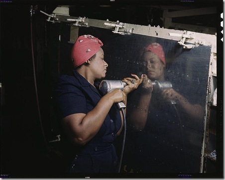 Woman is working on a "Vengeance" dive bomber Tennessee, February 1943. Reproduction from color slide. Photo by Alfred T. Palmer. Prints and Photographs Division, Library of Congress