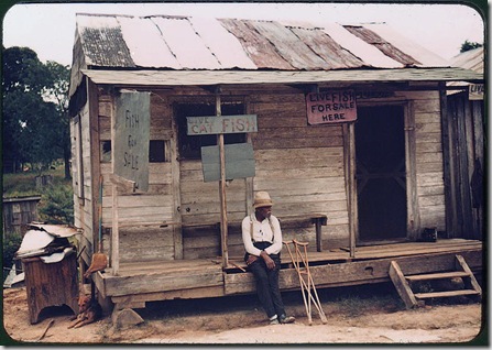 A store with live fish for sale. Vicinity of Natchitoches, Louisiana, July 1940. Reproduction from color slide. Photo by Marion Post Wolcott. Prints and Photographs Division, Library of Congress