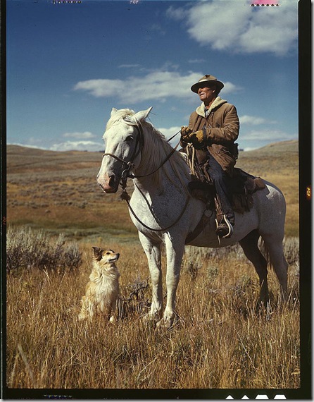 Shepherd with his horse and dog on Gravelly Range Madison County, Montana, August 1942. Reproduction from color slide. Photo by Russell Lee. Prints and Photographs Division, Library of Congress