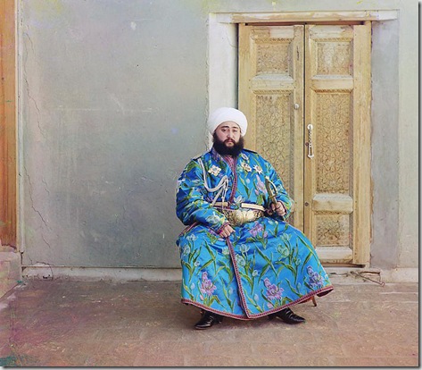 Alim Khan, Emir of Bukhara, seated holding sword; between 1905 and 1915
Sergei Mikhailovich Prokudin-Gorskii Collection (Library of Congress).
