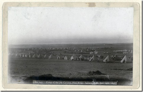Title: Camp of the 7th Cavalry, Pine Ridge Agency, S.D., Jan. 19, 1891
View of military camp: tents, horses, and wagons.
Repository: Library of Congress Prints and Photographs Division Washington, D.C. 20540
