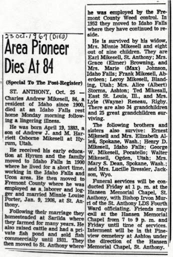 1967, obituary for Charles Mikesell