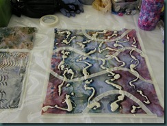 Snow-dye piece after applying tape and flour Snow-dye piece after applying tape and flour