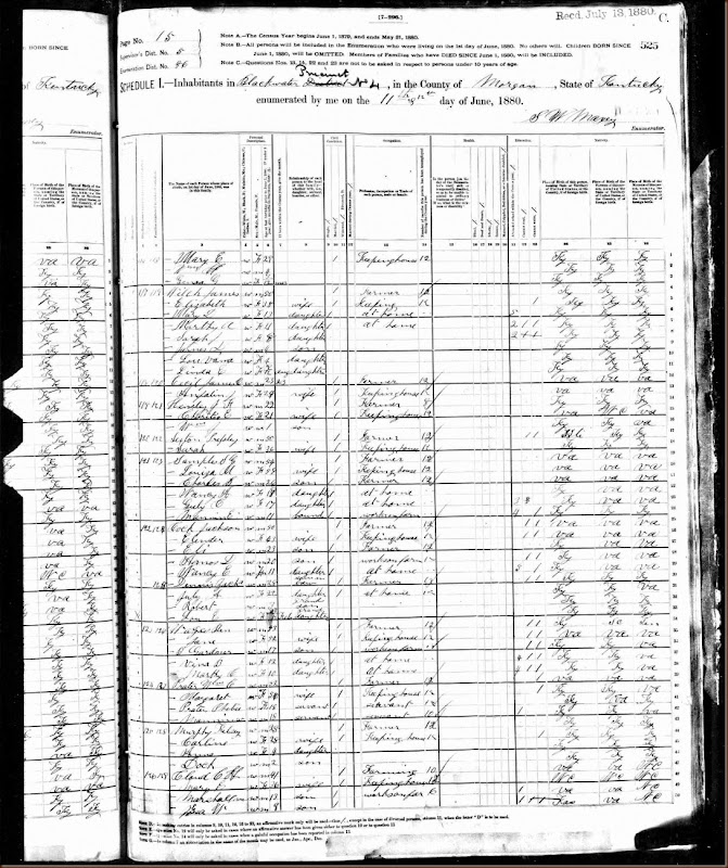 1880 United States Federal Census, Morgan County, KY Record for Benjamin and Jane Wages