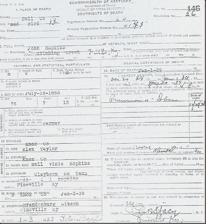 John Thomas Hopkins death certificate