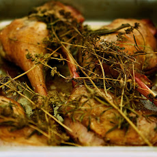 Ham Cured Goose Legs with Butter Poached Peas and carrots
