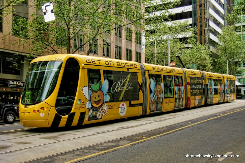 Australia Melbourne Tram Bumblebee Route 96 from St.Kilda to Brunswick Австралия Мельбурн Трамвай Шмель Маршрут 96 Сент-Килда Брунсвик