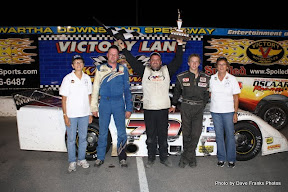 Top 3 finishers Derrick Tiemersma (2nd), Jeff Hanley (1st), Brandon Watson (3rd), and Biederman sisters at OSCAAR Don Biederman Memorial, Kawartha Speedway, August 6, 2010