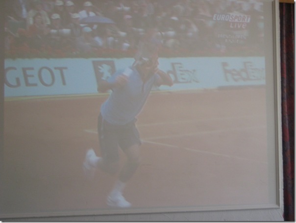 Federer winning French Open on the big screen at funny restaraunt Schmiedrued 165