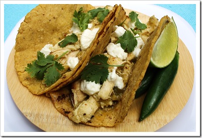 tomatillo chicken tacos with hot bread kitchen corn tortillas, northwind farm chicken, coach farm goat chees, hudson valley chiles